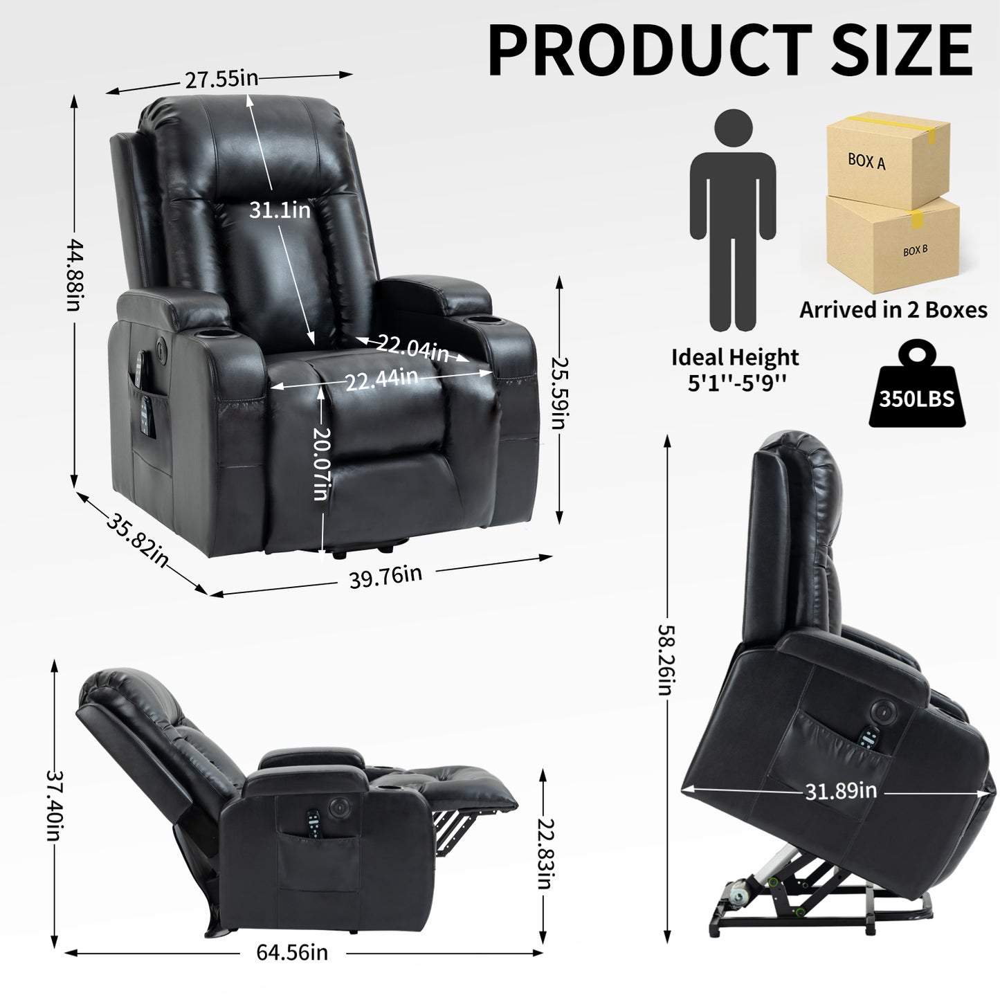 350 LB Power Lift Recliner w/ Massage, Heat, USB & Cup Holders – Black