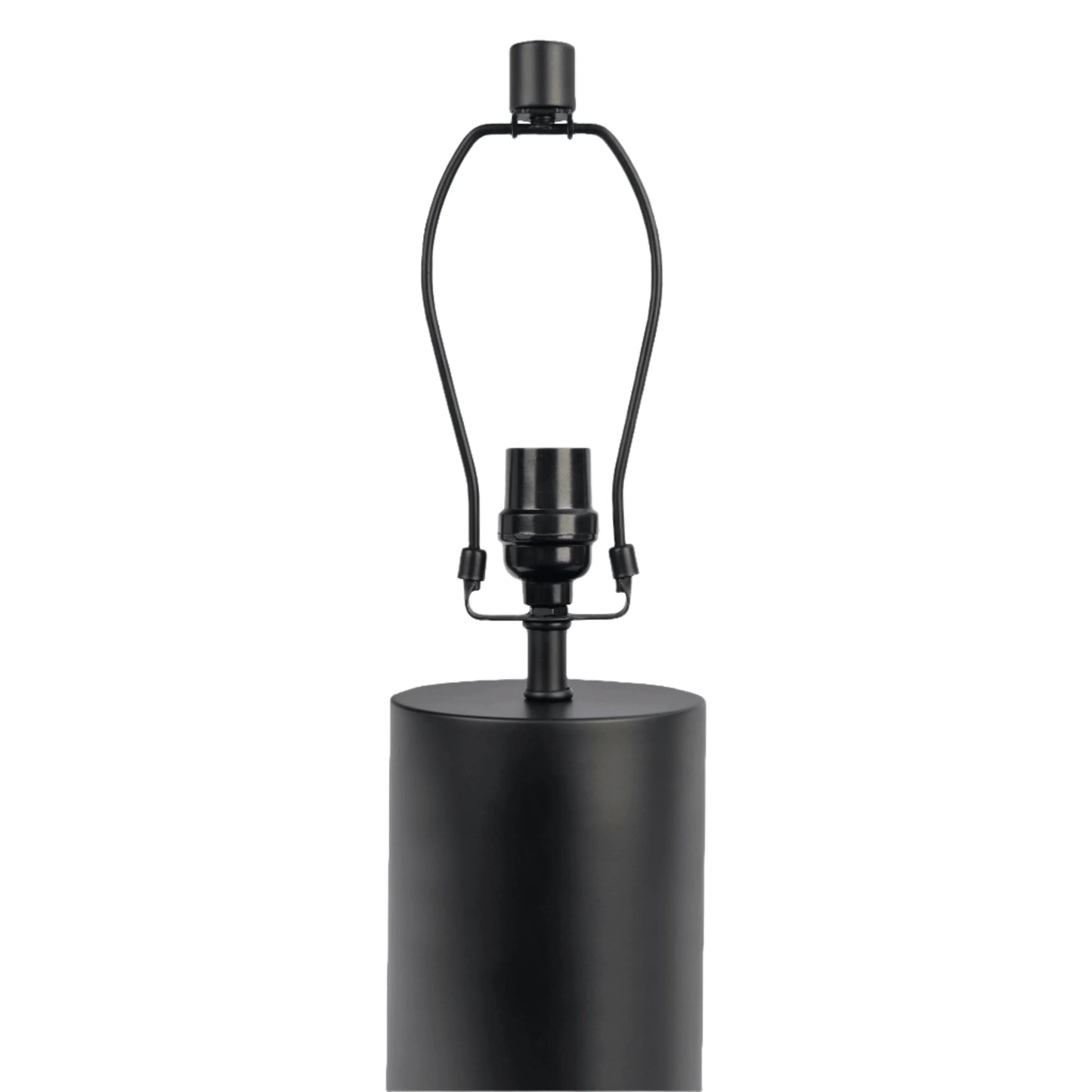 Black cylindrical table lamp base with wiring on a white background