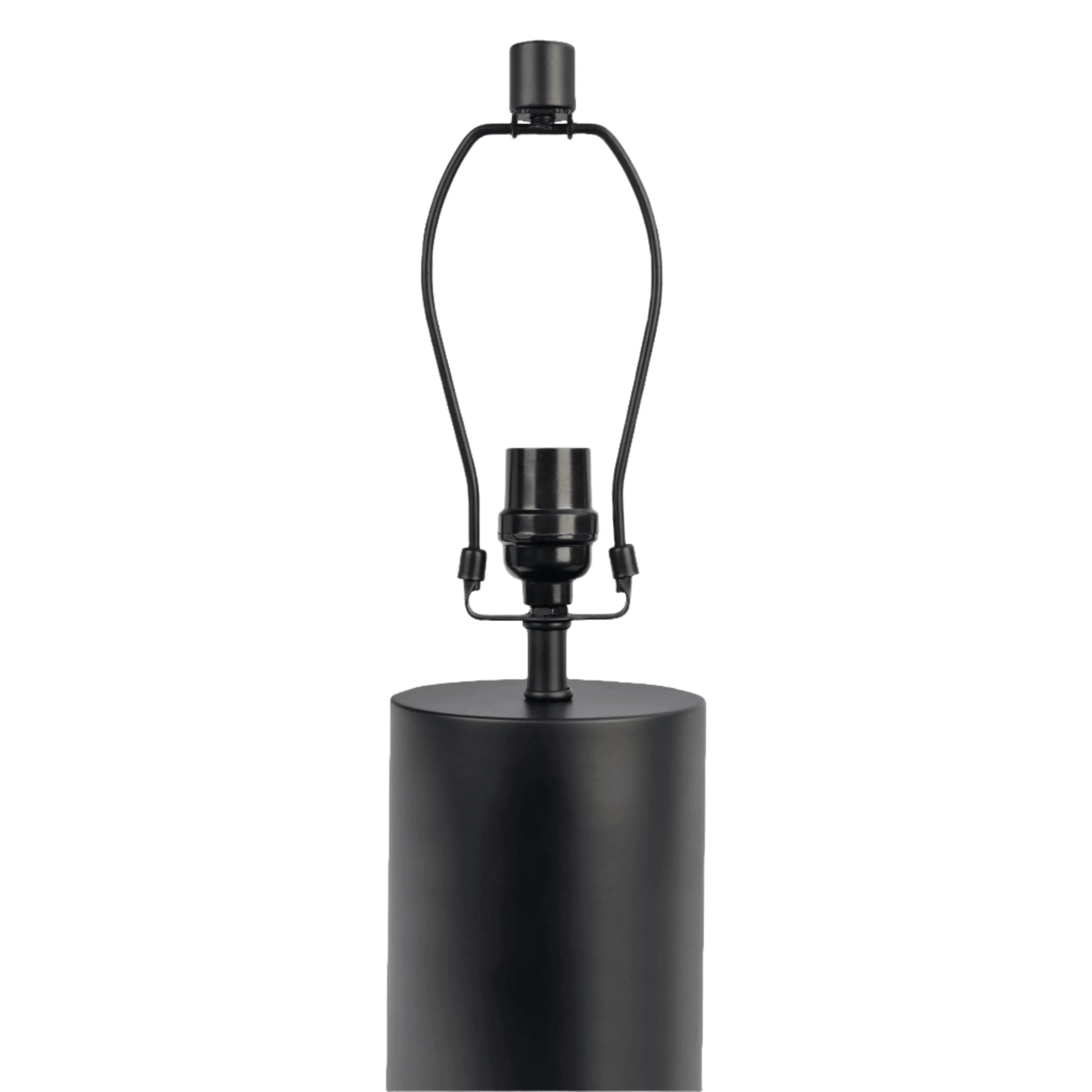 Black cylindrical table lamp base with wiring on a white background