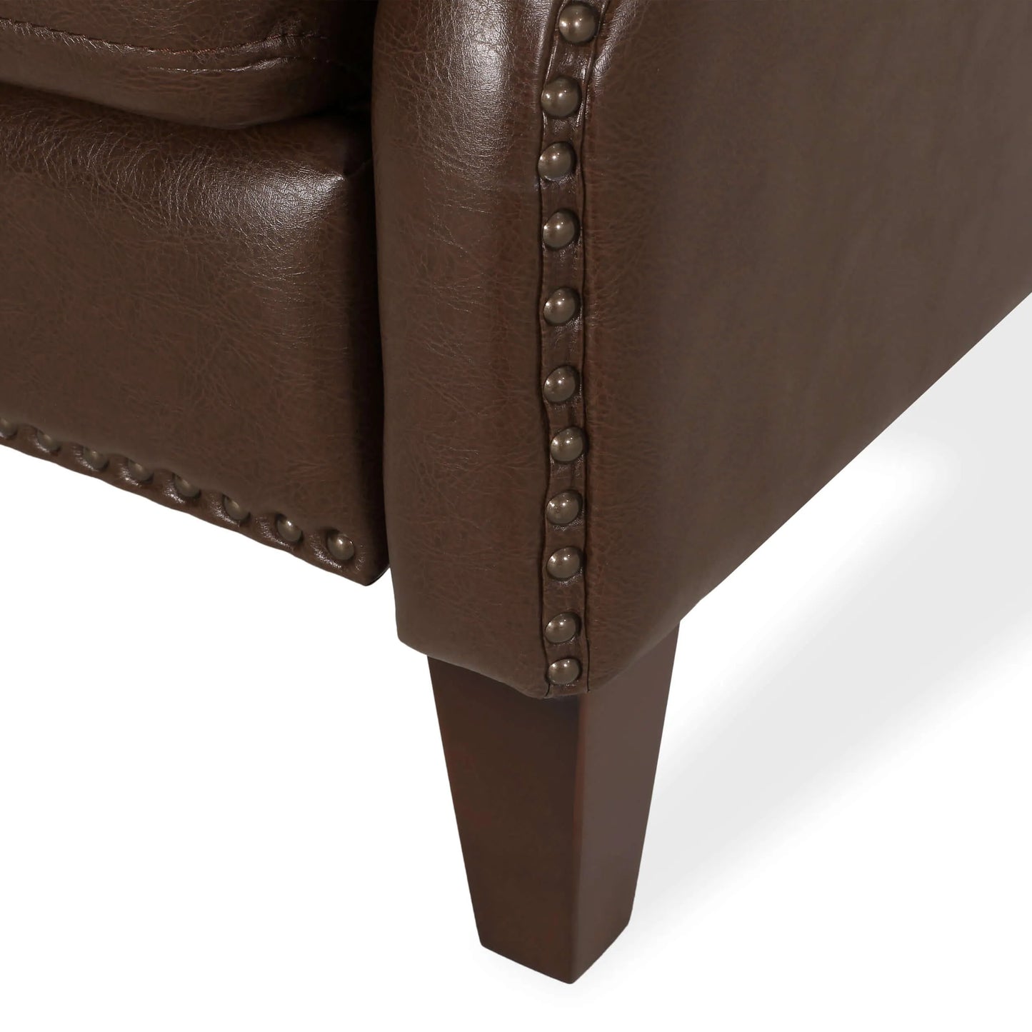 Dark Brown Recliner Chair with Rivets - Close up view of legs