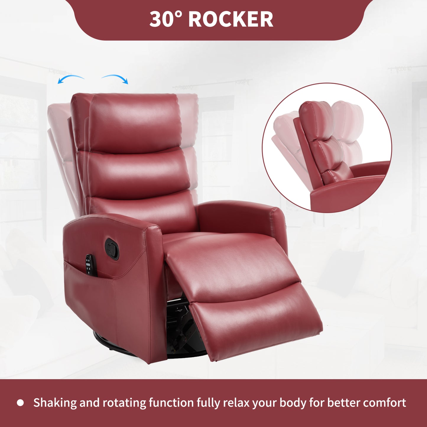 Red recliner chair with 30° rocker feature on a white background