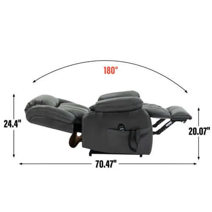 Gray recliner chair fully reclined with dimensions labeled on a white background