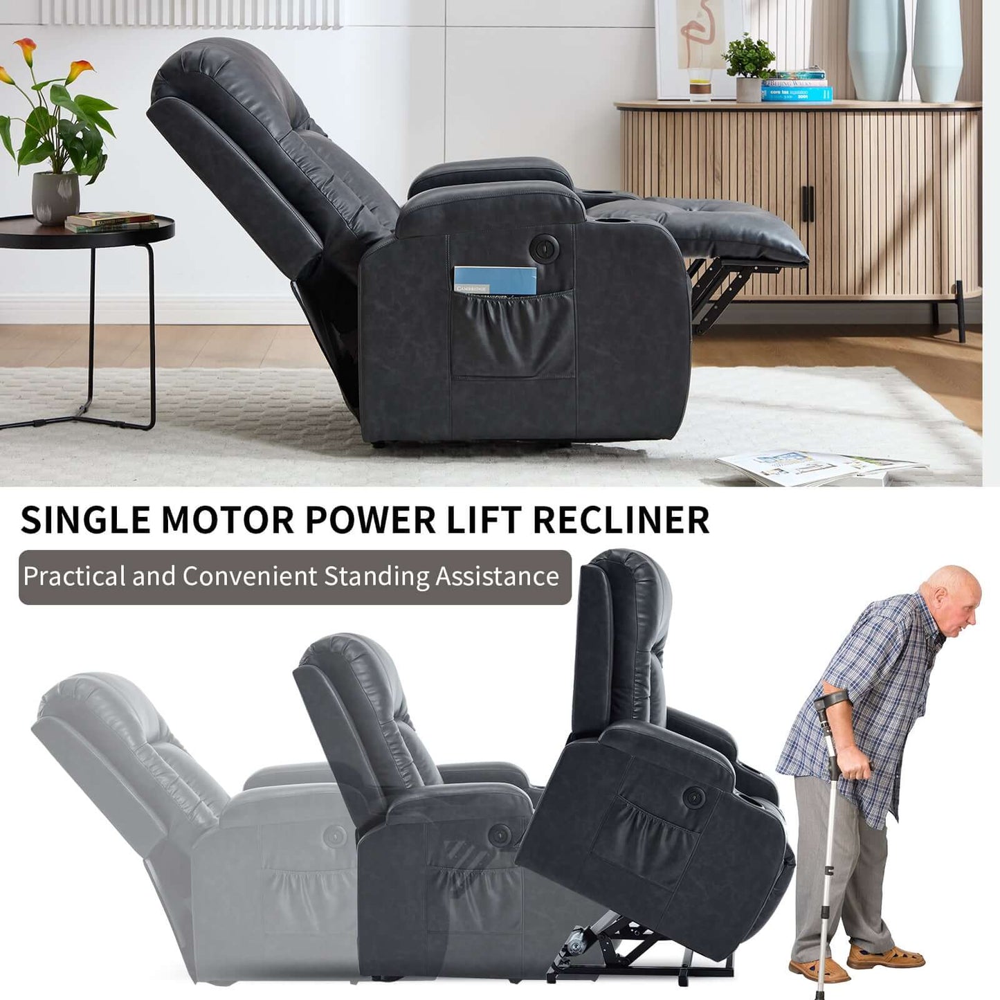 350 LB Power Lift Recliner w/ Massage, Heat, USB, Cup Holders-Gray