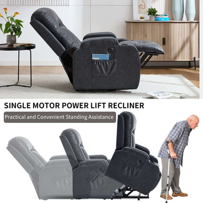 350 LB Power Lift Recliner w/ Massage, Heat, USB, Cup Holders-Gray