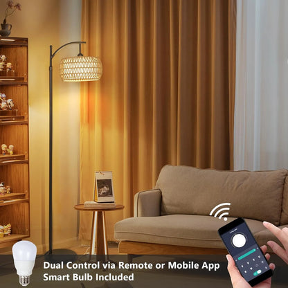 Living room with a smart bulb, remote control, and smartphone displaying floor lamp dual control options.
