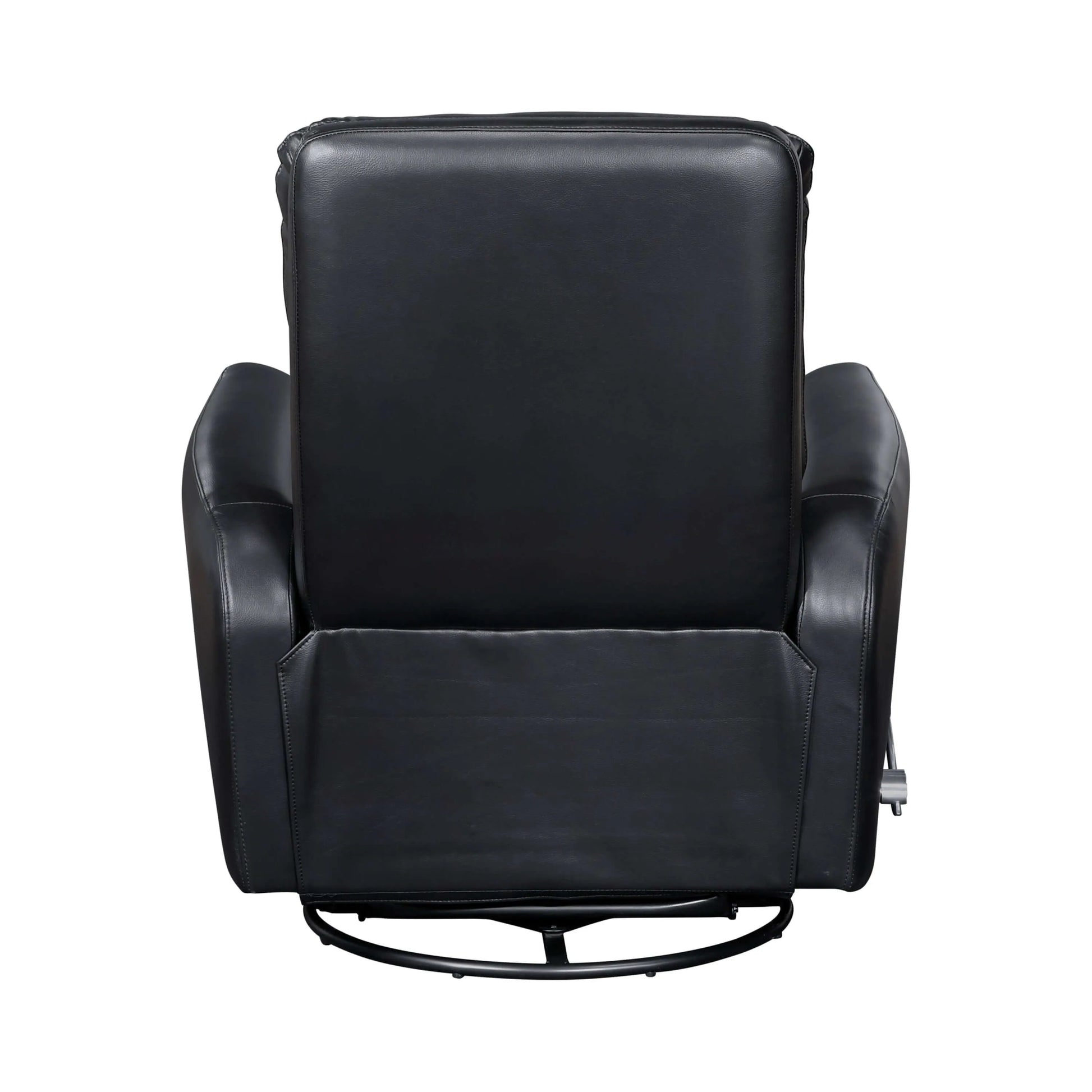 Back view of a black leather recliner chair on a white background