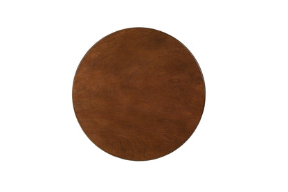 Top of a round wooden end table on a white background