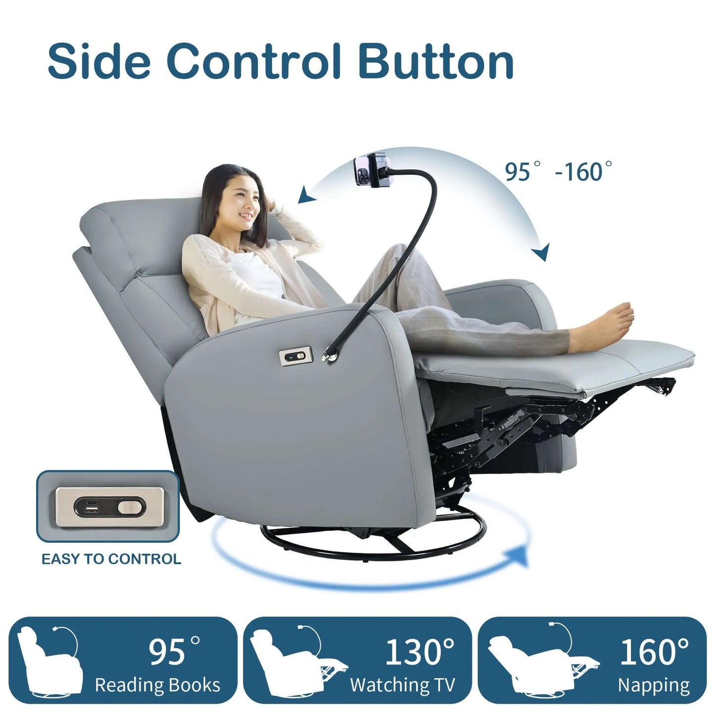 Gray recliner chair with side control button and range of motion illustration