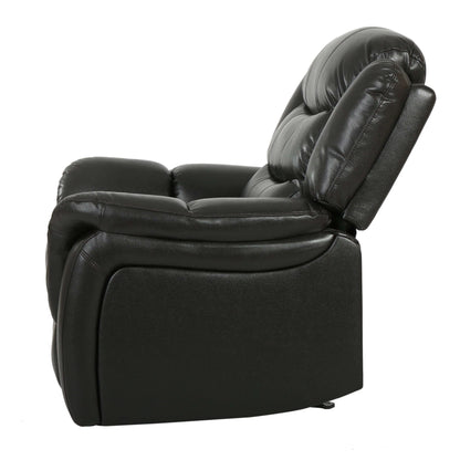Side view of a black faux leather glider recliner chair on a white background