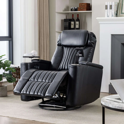Black leather recliner chair with footrest partially extended in a living room setting with books and a plant.