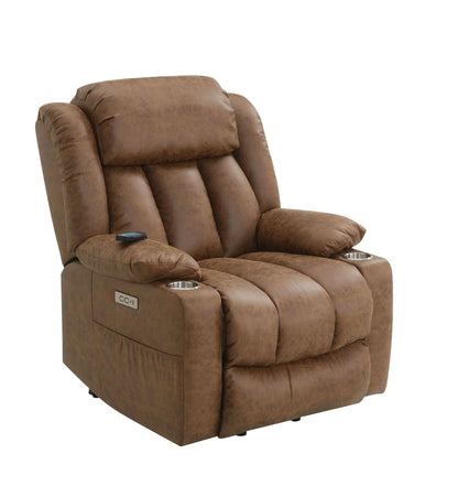 Brown recliner chair with cup holders on a white background
