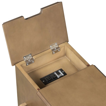Wooden end table with the top lid opened and showing a power outlet on a white background