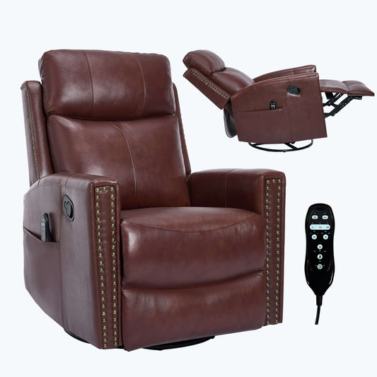 Wine Red Recliner w/ Heat, Massage, Rocker & Swivel – Manual