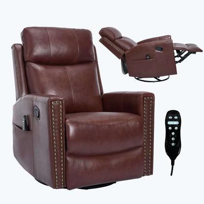 Brown leather recliner chair with remote control on a white background