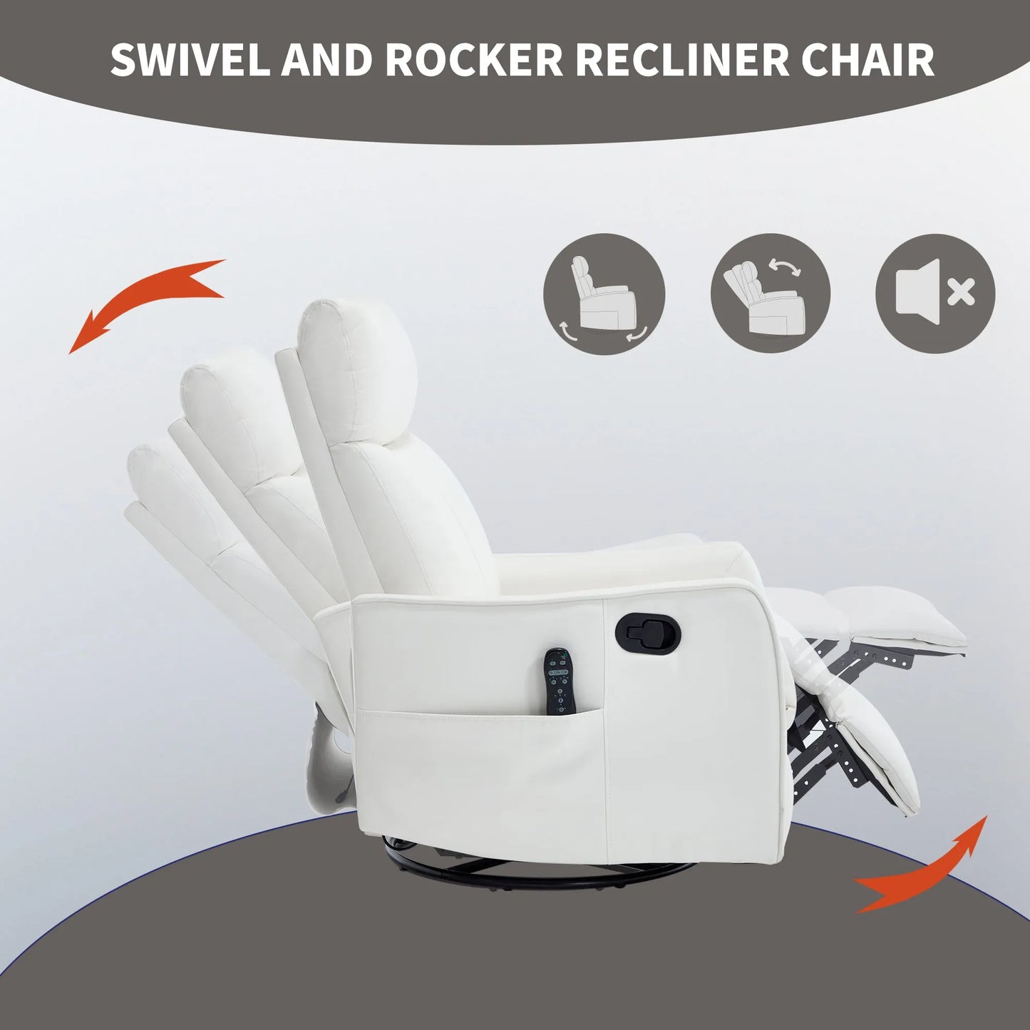 White swivel and rocker recliner chair with remote control on a gray background