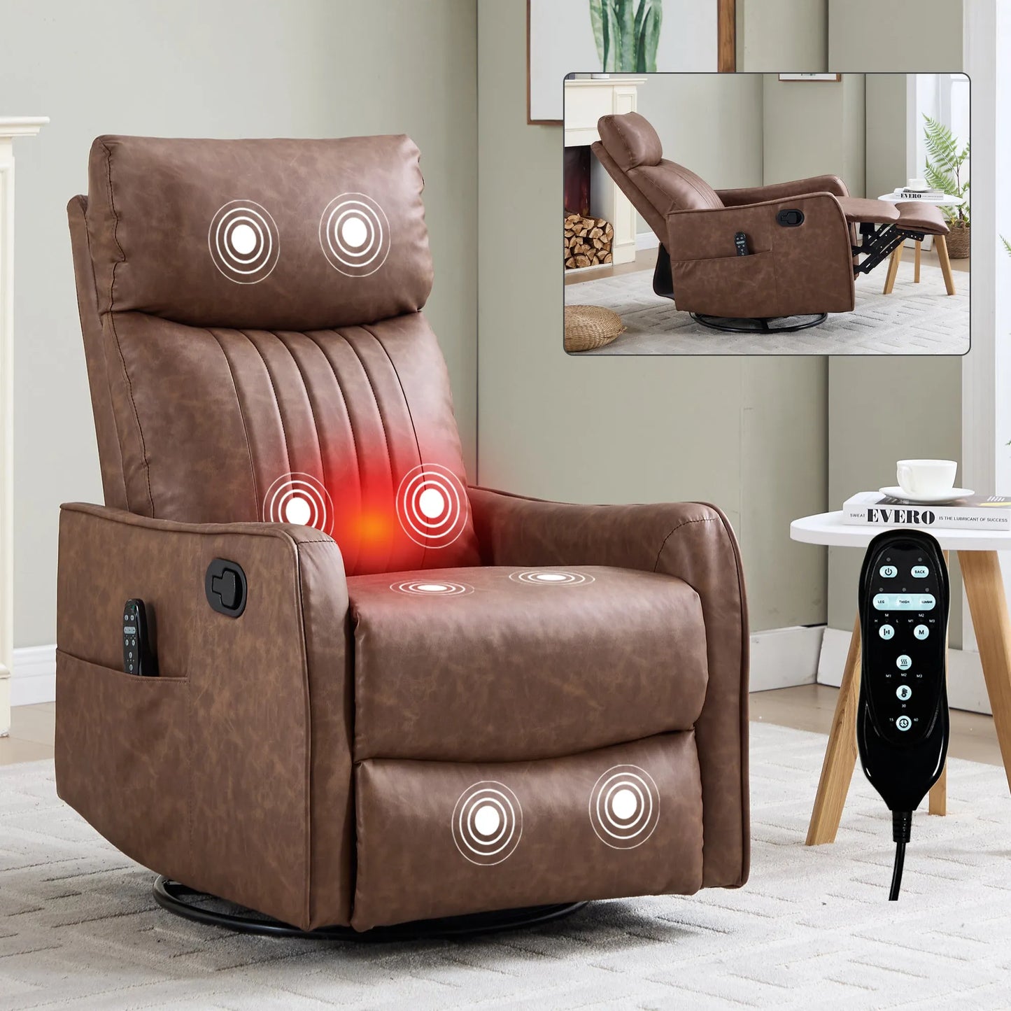 Brown massage recliner chair with remote control in a living room setting