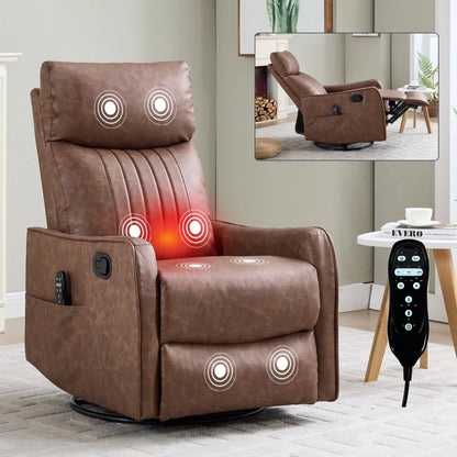 Brown massage recliner chair with remote control in a living room setting
