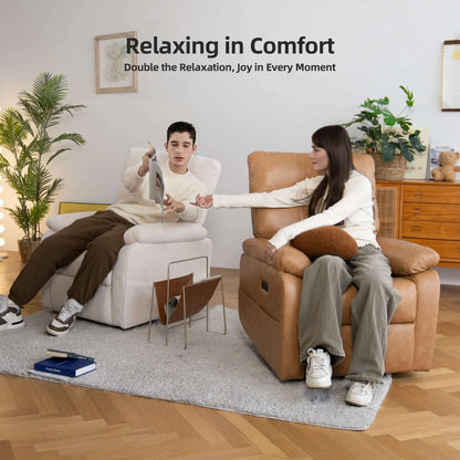 Two people relaxing in recliner chairs with a quote about relaxation and joy.