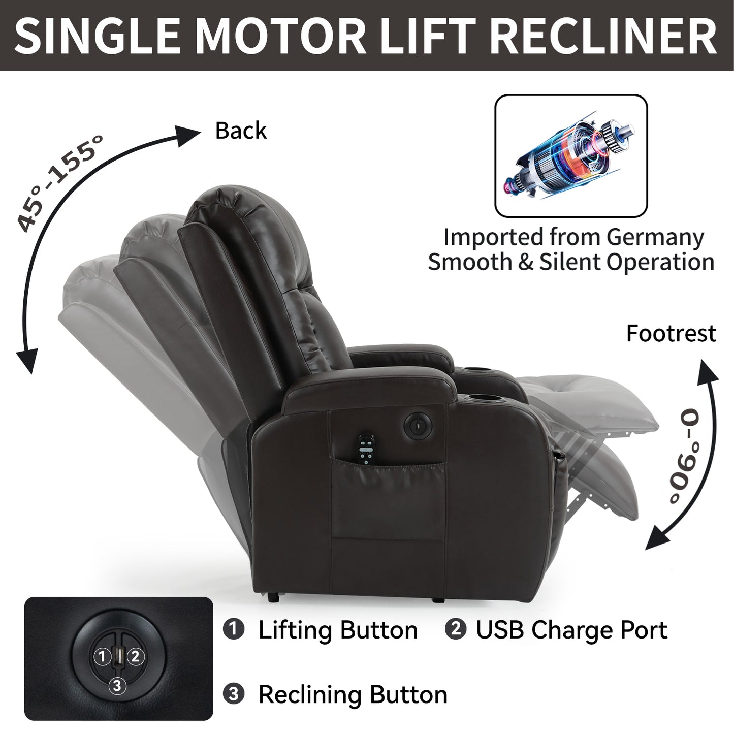 350 LB Power Lift Recliner w/ Massage, Heat, USB & Cup Holders-Brown