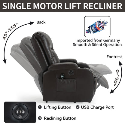 350 LB Power Lift Recliner w/ Massage, Heat, USB & Cup Holders-Brown