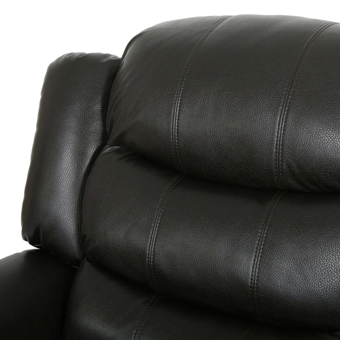 Close-up of pillow cushion top on a black faux leather glider recliner with a white background