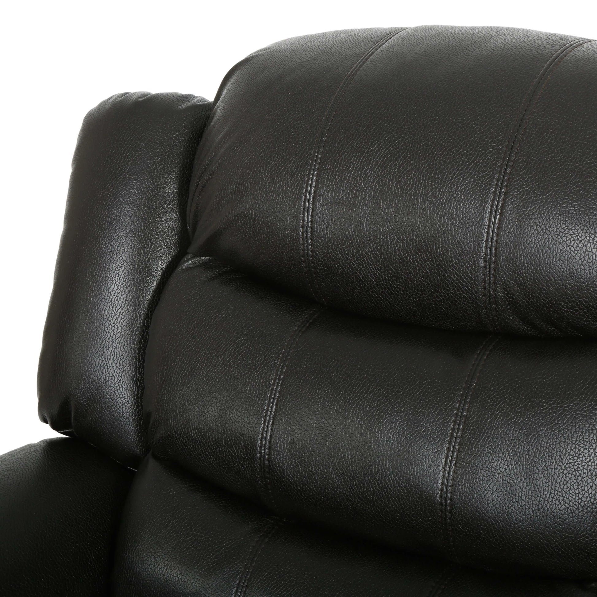Close-up of pillow cushion top on a black faux leather glider recliner with a white background