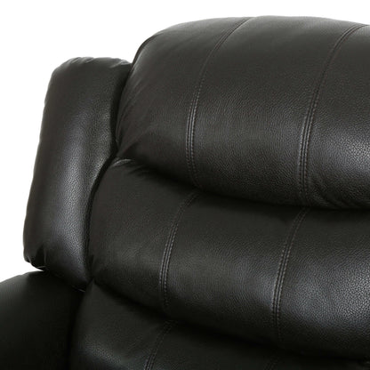 Close-up of pillow cushion top on a black faux leather glider recliner with a white background