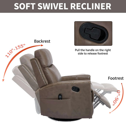 Brown soft swivel recliner chair with labeled features on a white background