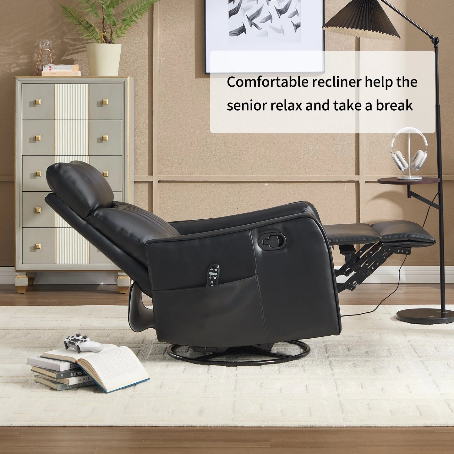 Black recliner chair in a living room setting with text about its benefits.