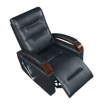 Navy blue faux leather swivel glider recliner chair in reclining position with wooden armrests on a white background
