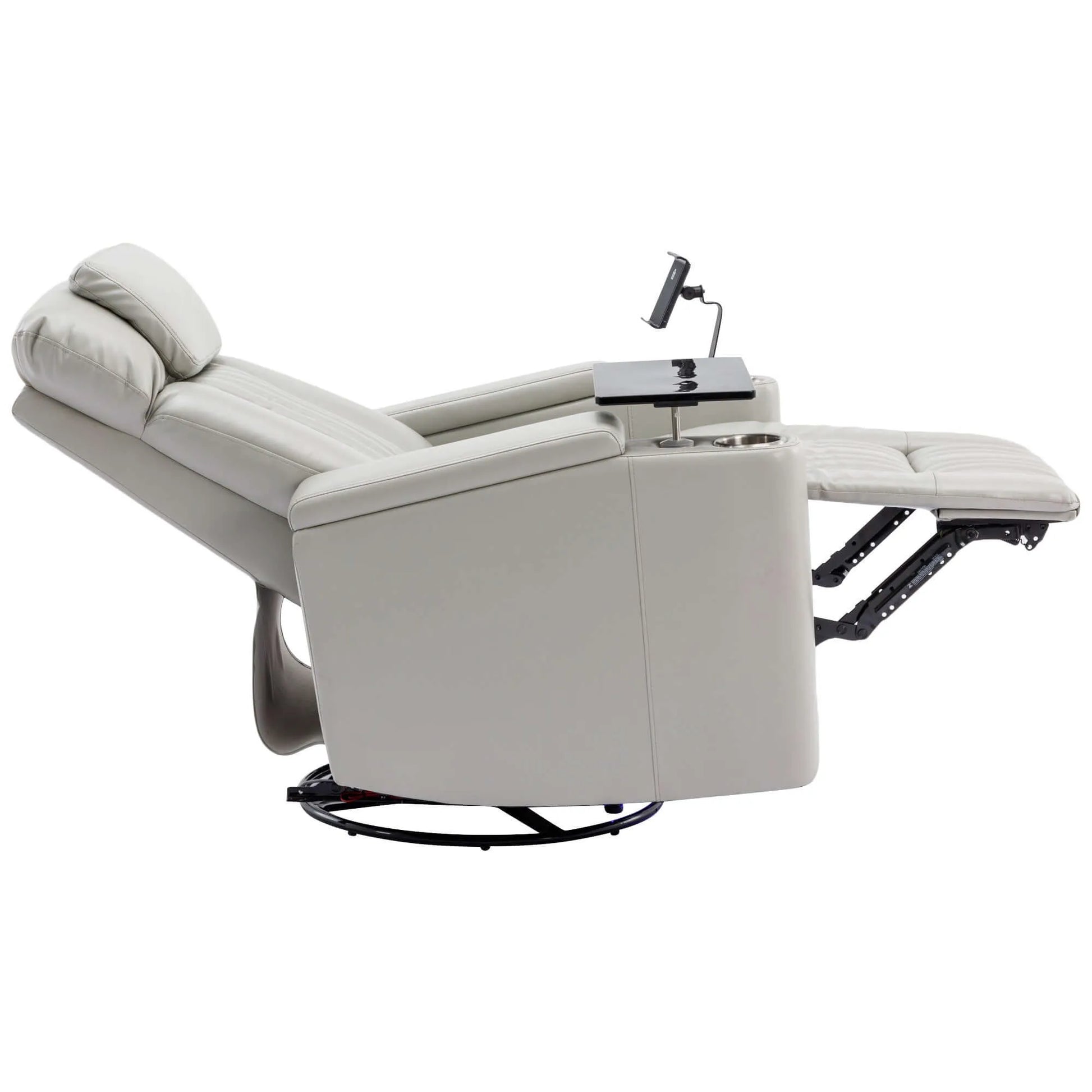 Fully reclined gray recliner chair with cup holder and armrest on a white background