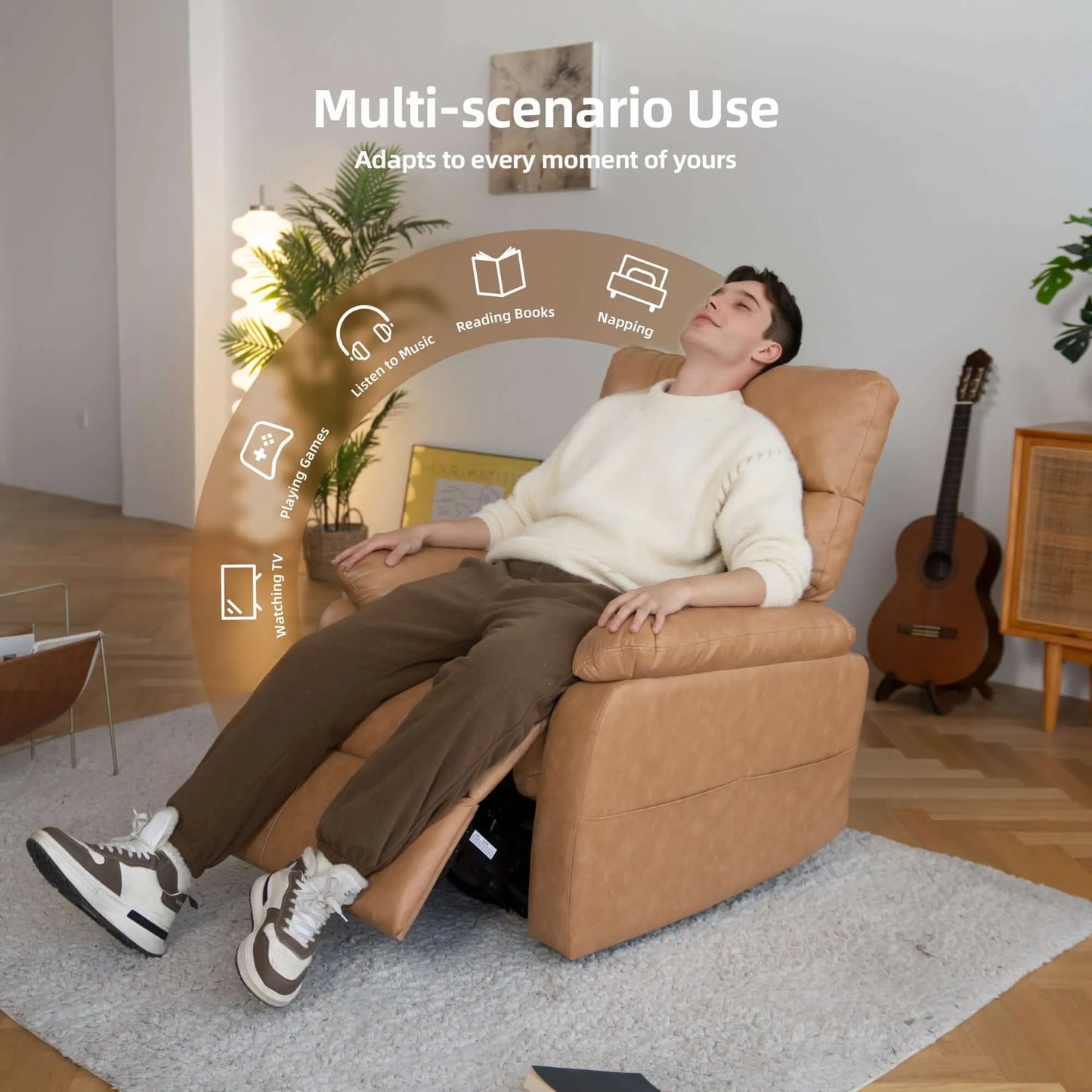Person relaxing in a brown recliner chair in a living room setting with text 'Multi-scenario Use' and icons.