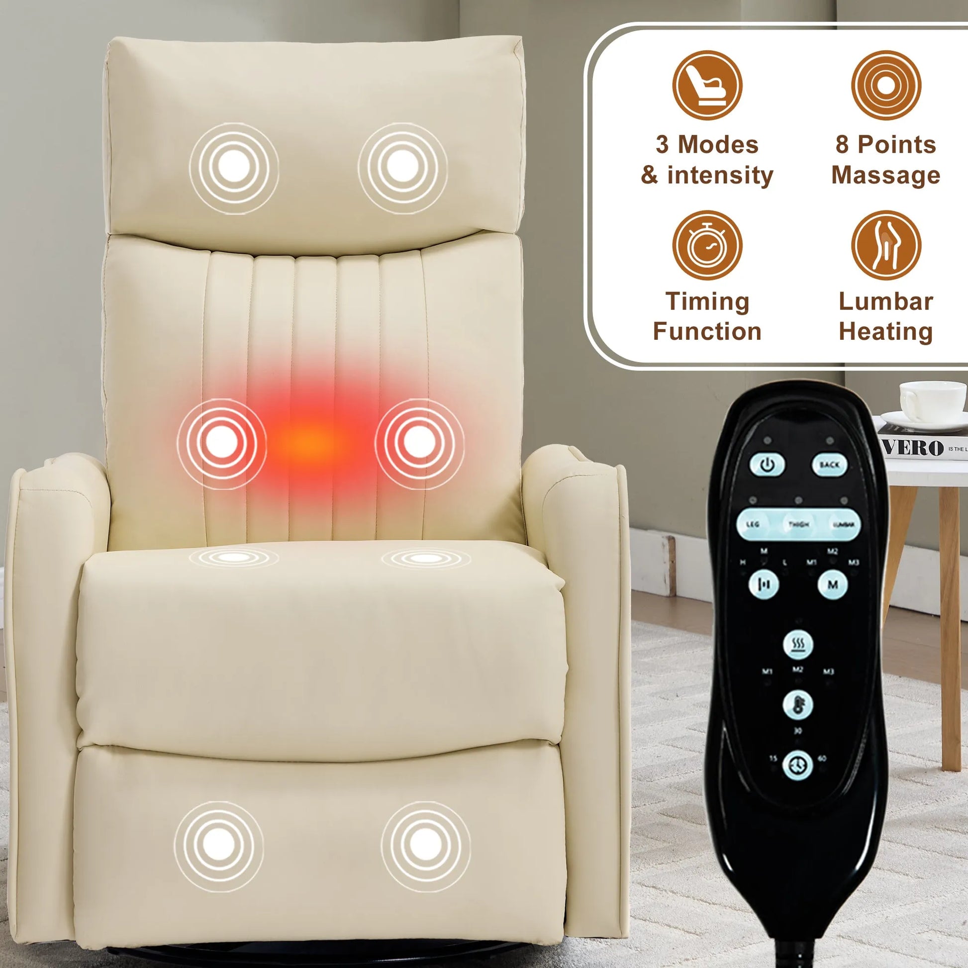 Beige massage chair with remote control and massage functions displayed.