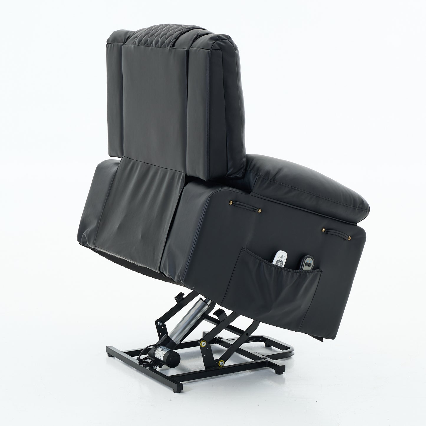 Black recliner lift chair showing black and silver lift mechanism on a white background