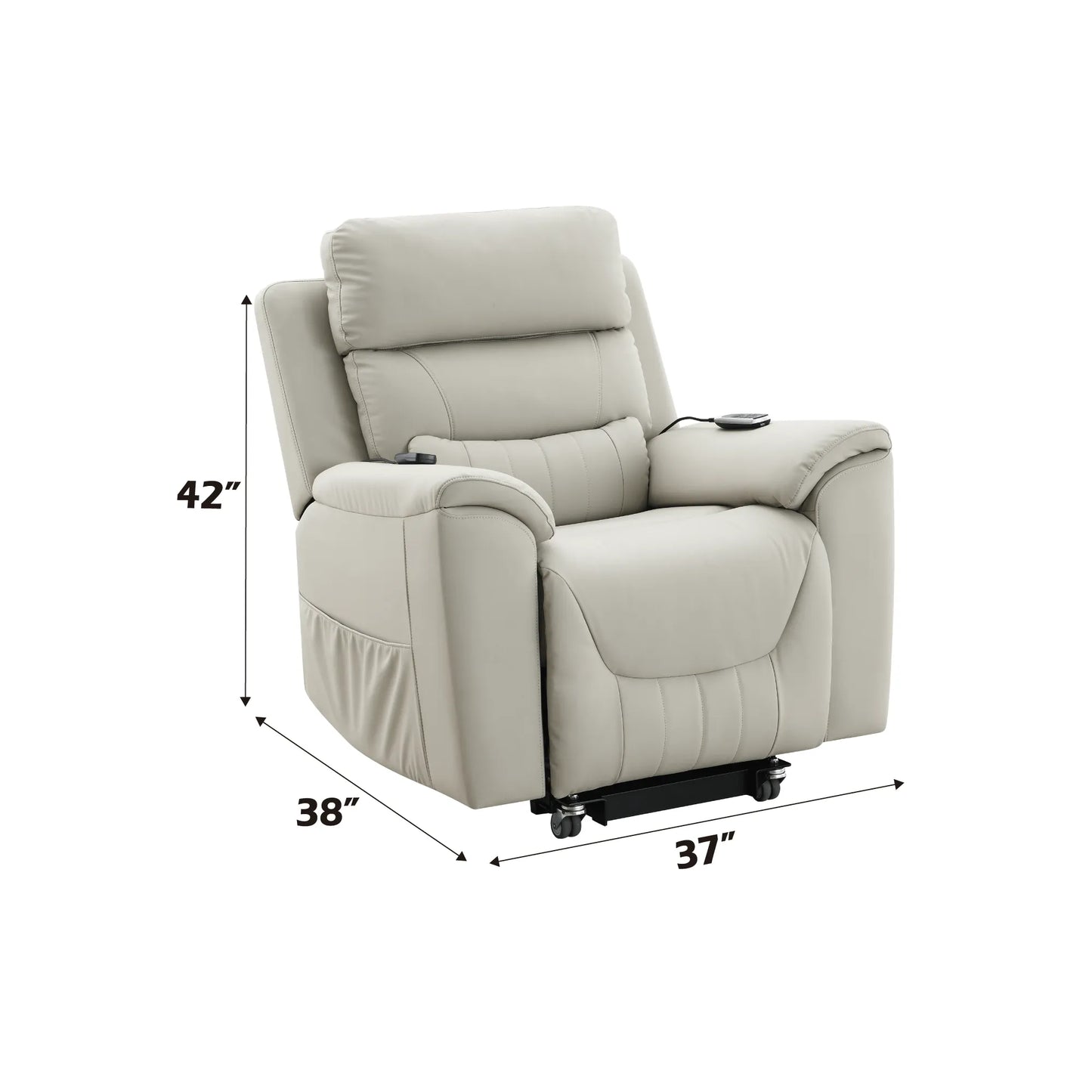 Light gray recliner chair with dimensions labeled on a white background