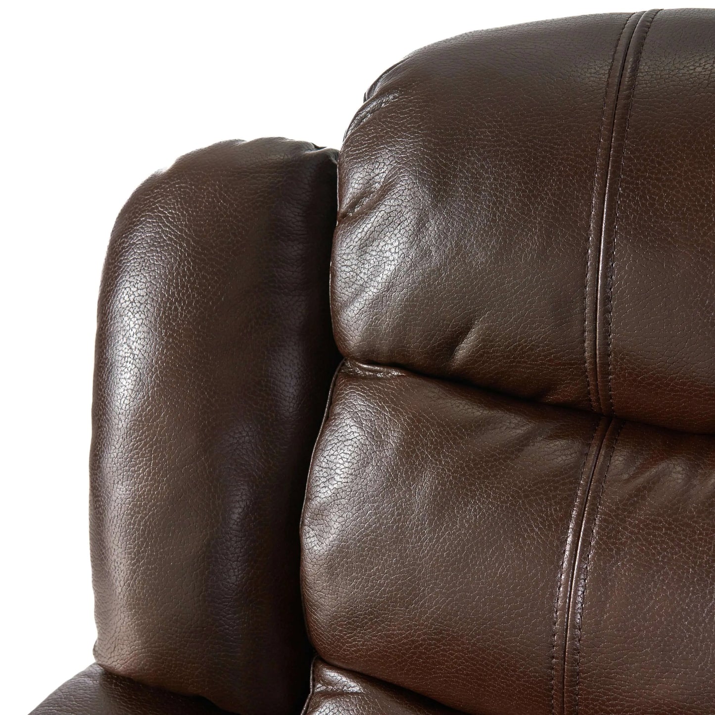 Close-up of a top cushion of a dark brown faux leather glider recliner chair on a white background