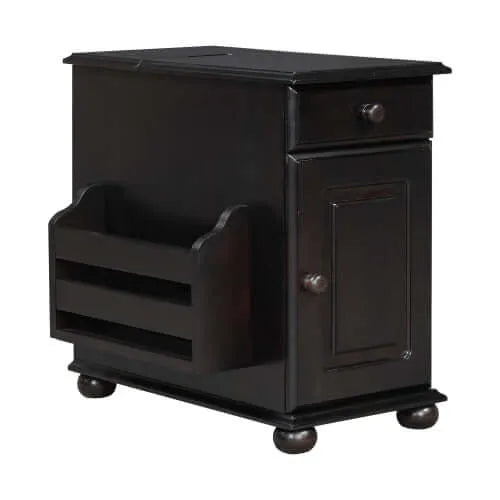 Dark brown wooden end table with a drawer, cabinet and shelf on a white background