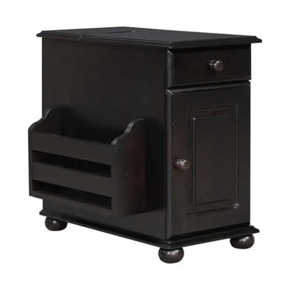 Dark brown wooden end table with a drawer, cabinet and shelf on a white background
