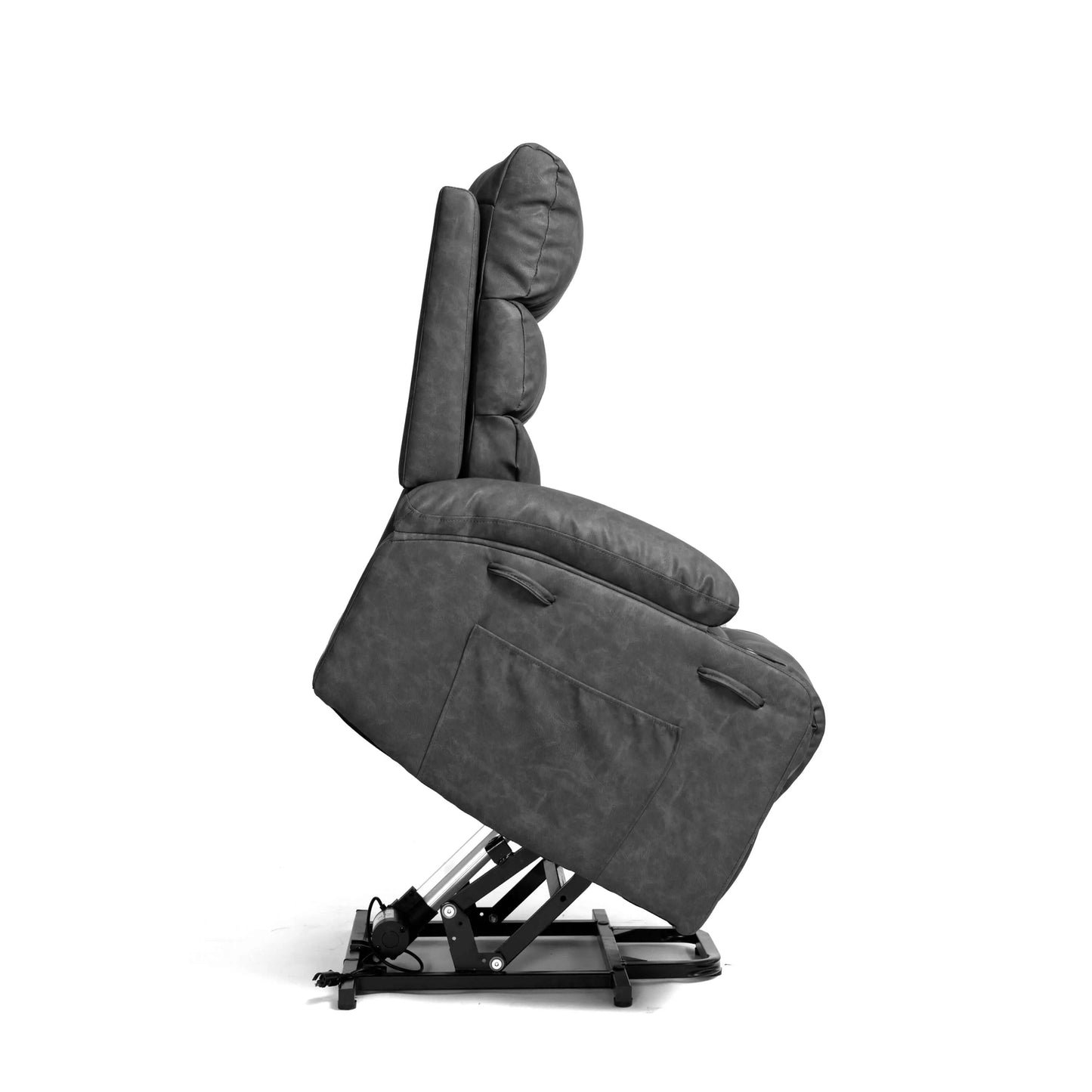 Side view of a gray faux leather power lift recliner chair with cup holders, storage pockets and plush armrests in a full lift position on a white background