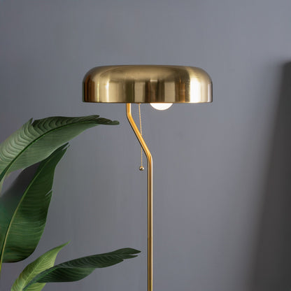 Gold floor lamp with a leafy plant against a gray wall