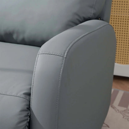 Close up of a gray recliner chair armrest with a blurred background