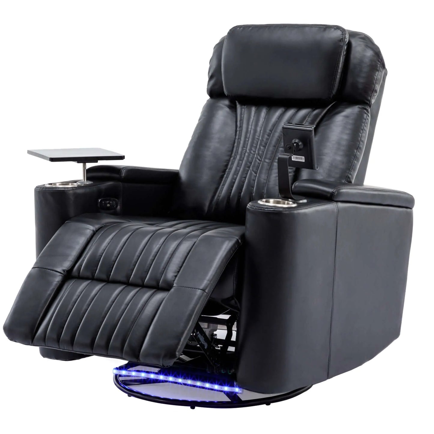 Black leather recliner chair partially reclined with cup holders and tablet stand on a white background