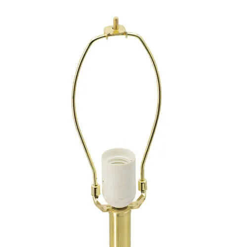 Gold lampshade  holder with a white light bulb socket on a white background
