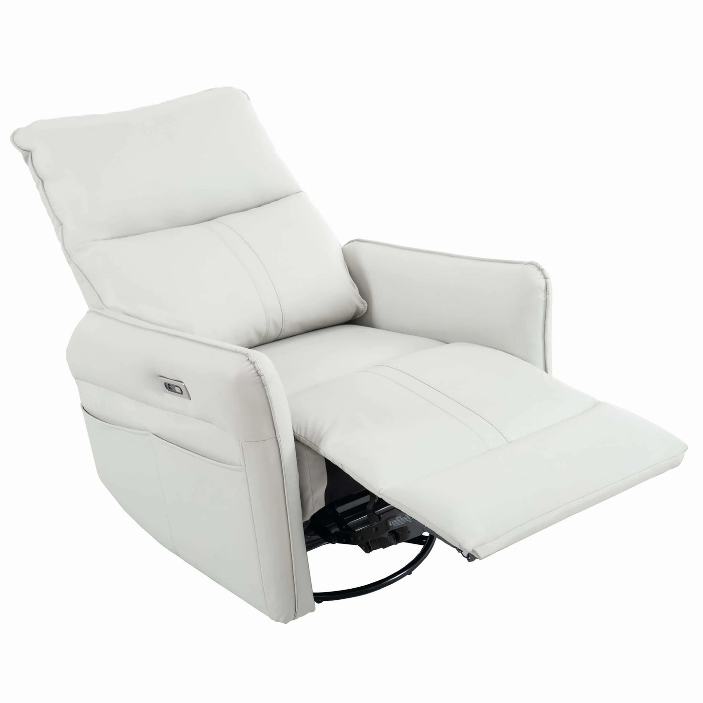 Light gray swivel recliner chair fully reclined on a white background
