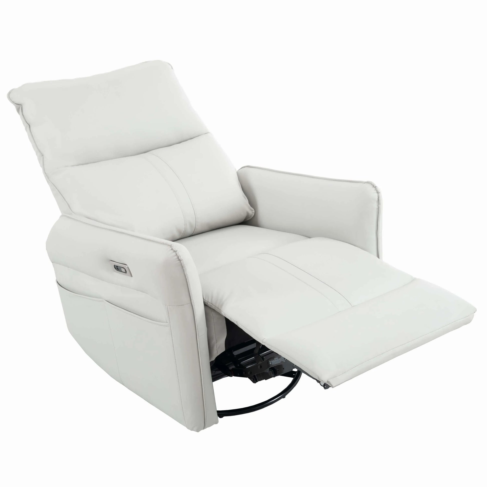 Light gray swivel recliner chair fully reclined on a white background