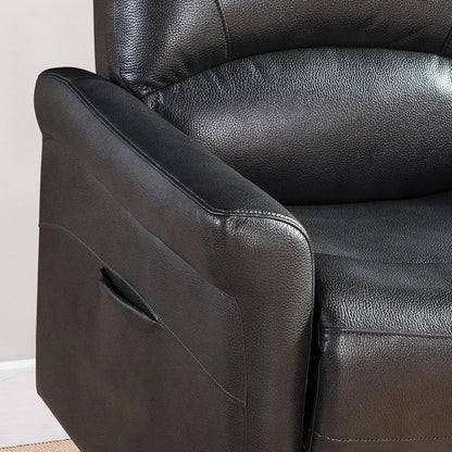 Close-up of a black faux leather recliner chair