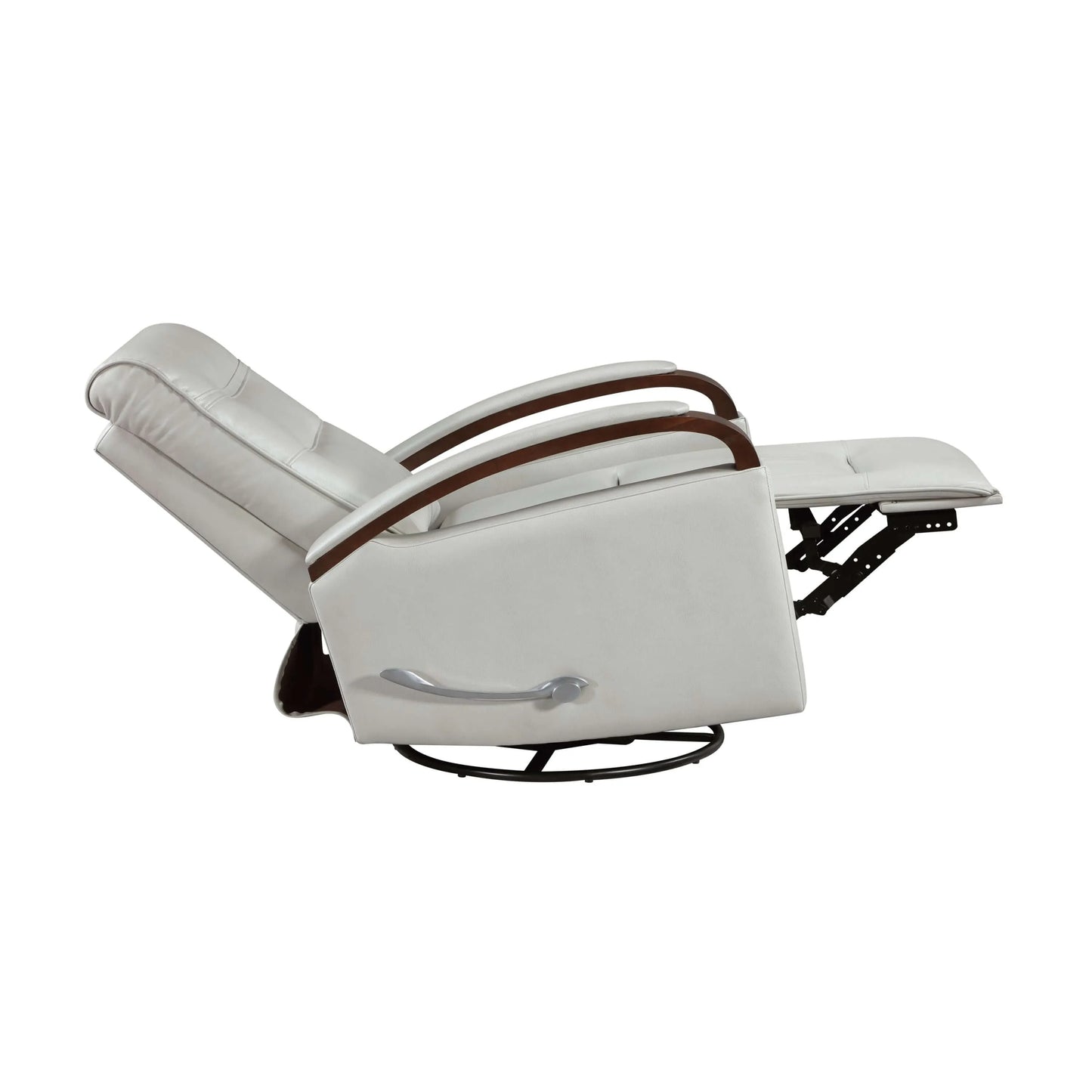 Side view of a gray recliner chair fully reclined with brown armrests, silver manual handle and black metal base on a white background