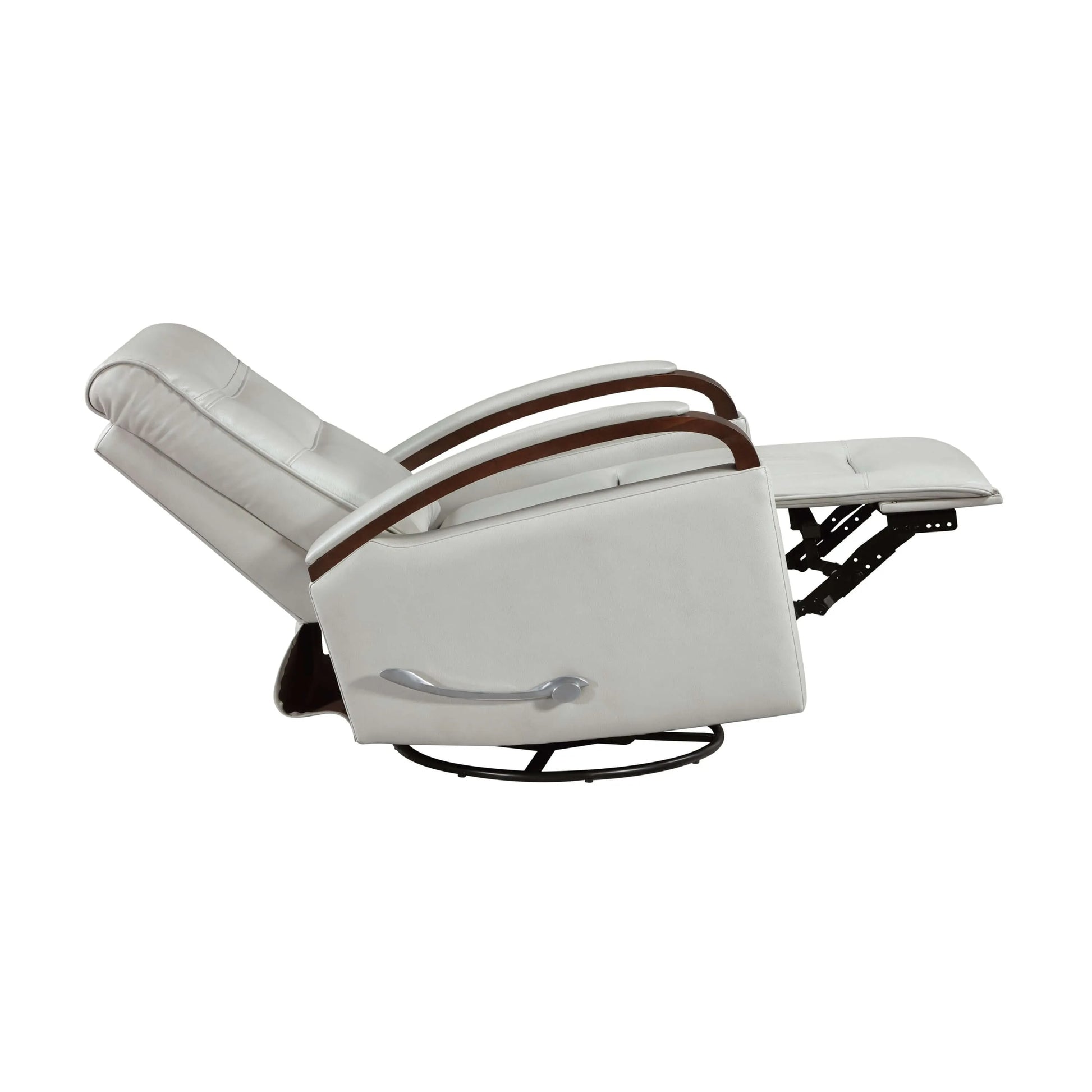 Side view of a gray recliner chair fully reclined with brown armrests, silver manual handle and black metal base on a white background
