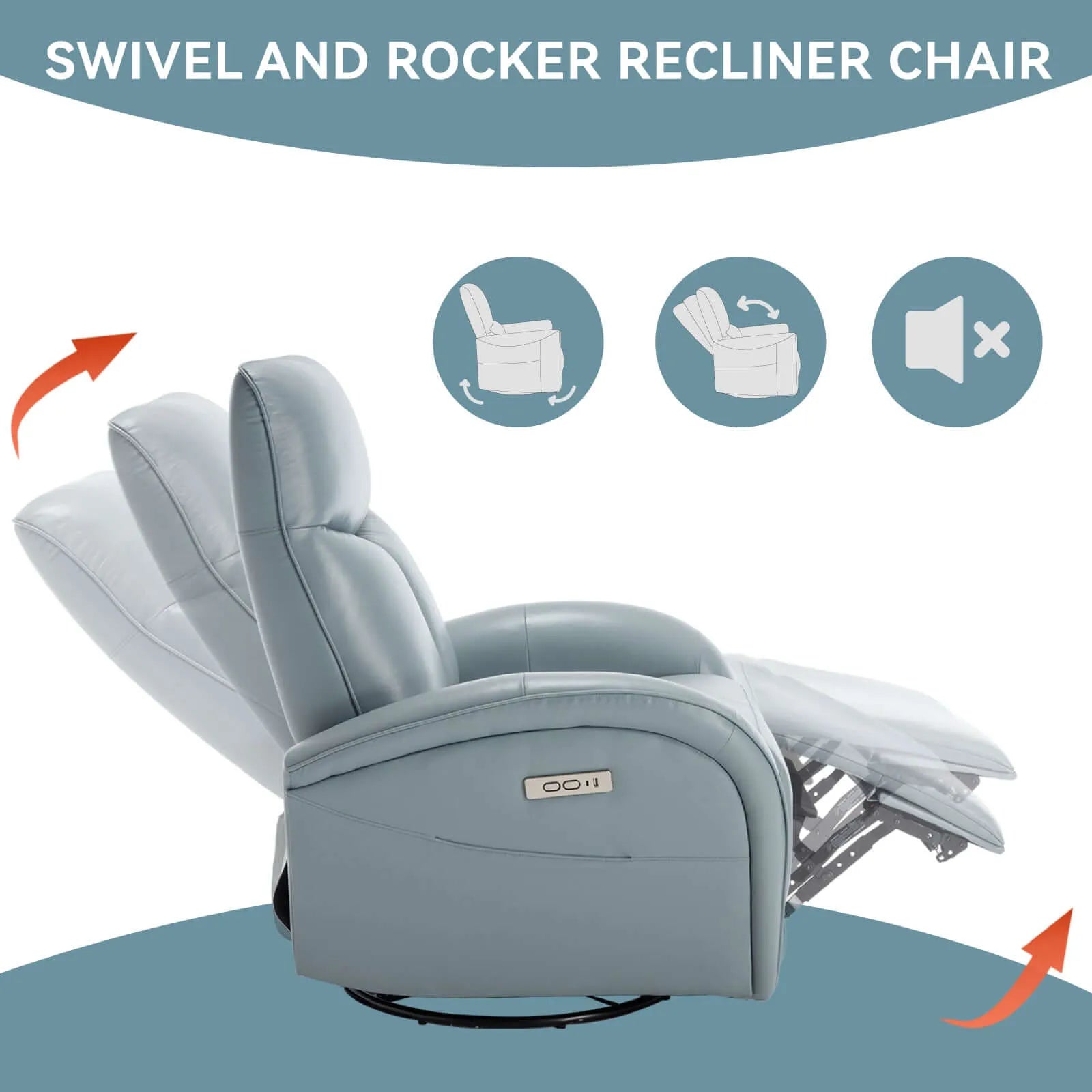 Blue swivel and rocker recliner chair with features highlighted on a white background
