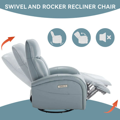 Blue swivel and rocker recliner chair with features highlighted on a white background